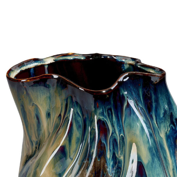 Fera Decorative Flower Vase, Ruffled Edge, 12 Inch Shiny Blue Ceramic