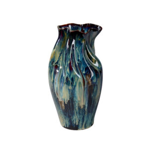 Fera Decorative Flower Vase, Ruffled Edge, 15 Inch Shiny Blue Ceramic