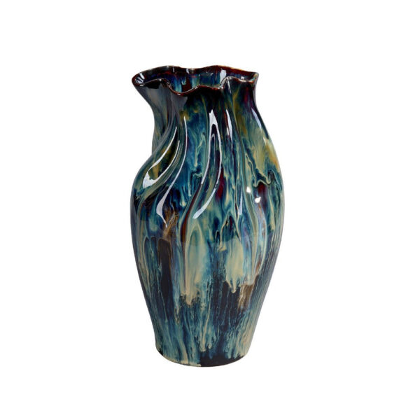Fera Decorative Flower Vase, Ruffled Edge, 15 Inch Shiny Blue Ceramic