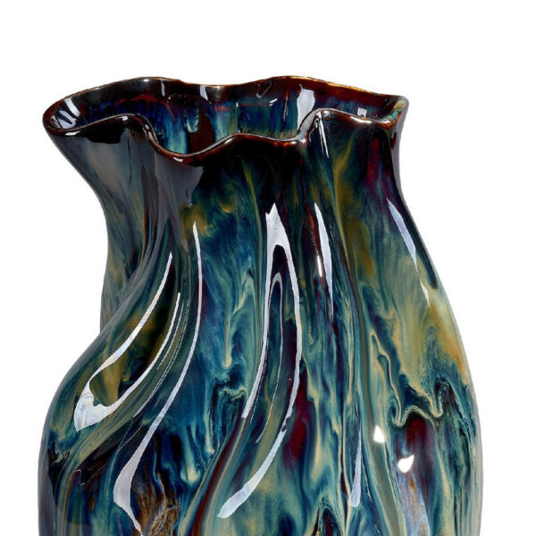 Fera Decorative Flower Vase, Ruffled Edge, 15 Inch Shiny Blue Ceramic