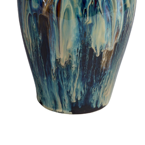 Fera Decorative Flower Vase, Ruffled Edge, 15 Inch Shiny Blue Ceramic