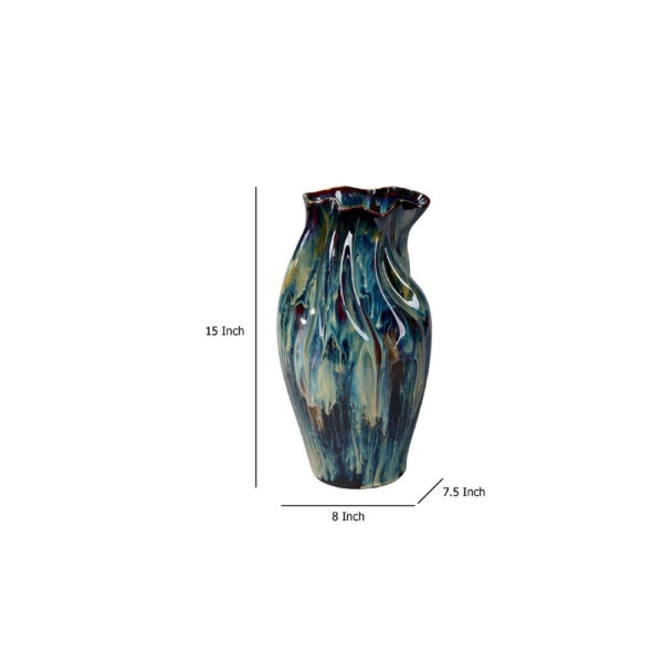 Fera Decorative Flower Vase, Ruffled Edge, 15 Inch Shiny Blue Ceramic
