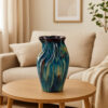Fera Decorative Flower Vase, Ruffled Edge, 15 Inch Shiny Blue Ceramic