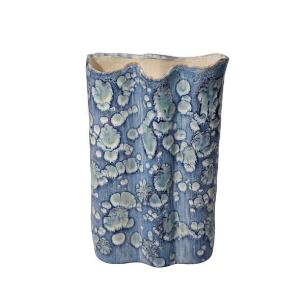 Gipo Decorative Flower Vase, Ruffled Body, 16 Inch Blue White Ceramic