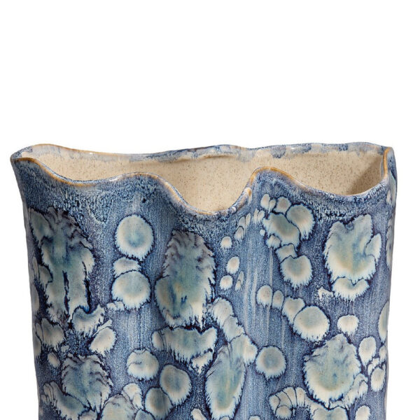 Gipo Decorative Flower Vase, Ruffled Body, 16 Inch Blue White Ceramic