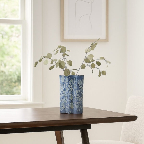 Gipo Decorative Flower Vase, Ruffled Body, 16 Inch Blue White Ceramic