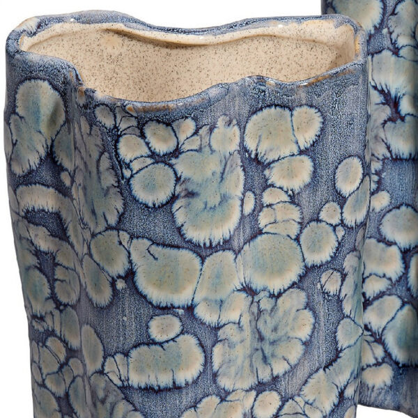 Gipo Decorative Flower Vase Set of 2, Ruffled Body, Blue White Ceramic