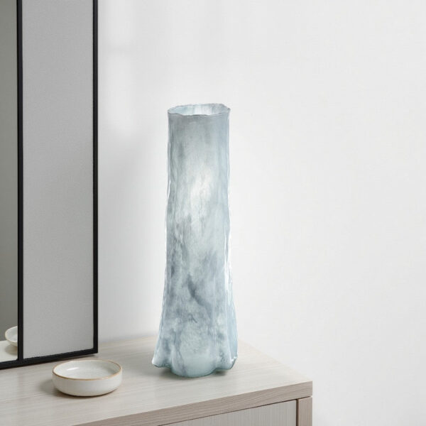 Quia Tall Decorative Vase, Rough Body, Pale Blue Blown Glass 20 Inch