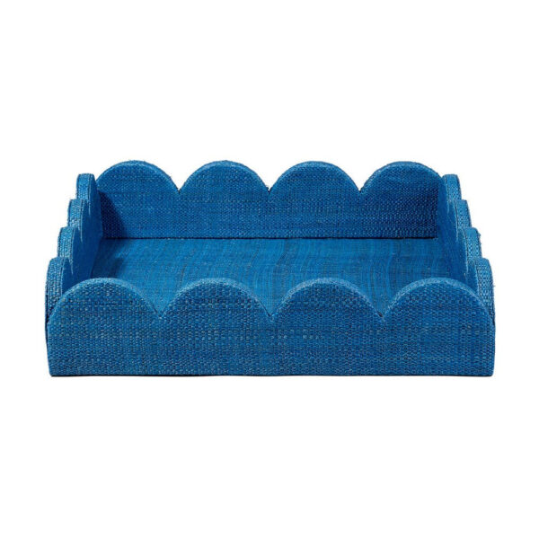 Rori Decorative Accessory Tray, Scalloped Edge 15 Inch Blue Raffia