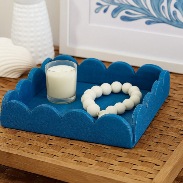 Rori Decorative Accessory Tray, Scalloped Edge 15 Inch Blue Raffia