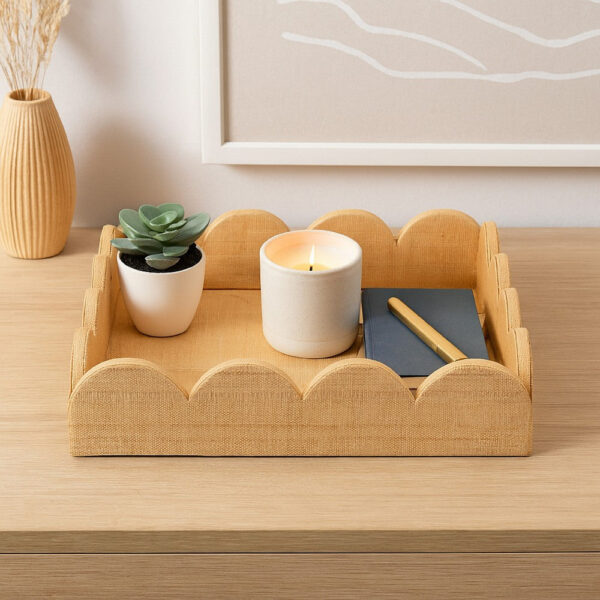 Rori Decorative Accessory Tray, Scalloped Edge 15 Inch Brown Raffia