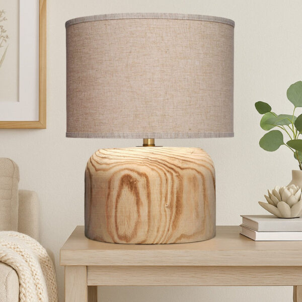 Timy Accent Table Lamp, 18 Inch, Linen Drum Shade, Brown Wood Base