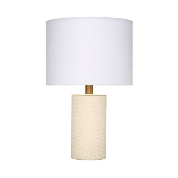 Myn Table Lamp, 18 Inch, White Linen Drum Shade, Cream Leather Base