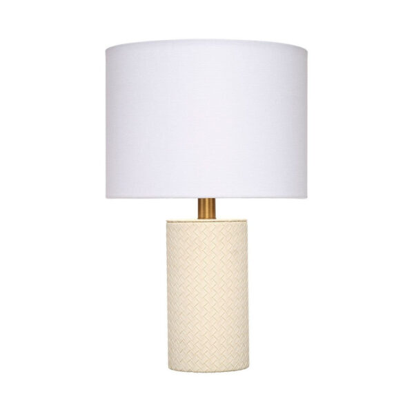 Myn Table Lamp, 18 Inch, White Linen Drum Shade, Cream Leather Base