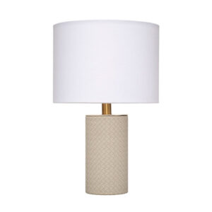 Myn Table Lamp, 18 Inch, White Linen Drum Shade, Gray Leather Base