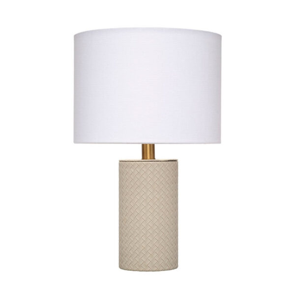 Myn Table Lamp, 18 Inch, White Linen Drum Shade, Gray Leather Base