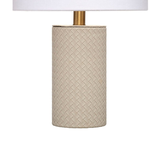 Myn Table Lamp, 18 Inch, White Linen Drum Shade, Gray Leather Base