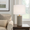 Myn Table Lamp, 18 Inch, White Linen Drum Shade, Gray Leather Base