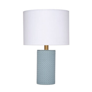 Myn Table Lamp, 18 Inch, White Linen Drum Shade, Blue Leather Base