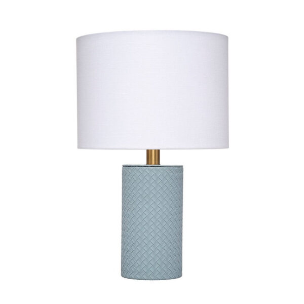 Myn Table Lamp, 18 Inch, White Linen Drum Shade, Blue Leather Base