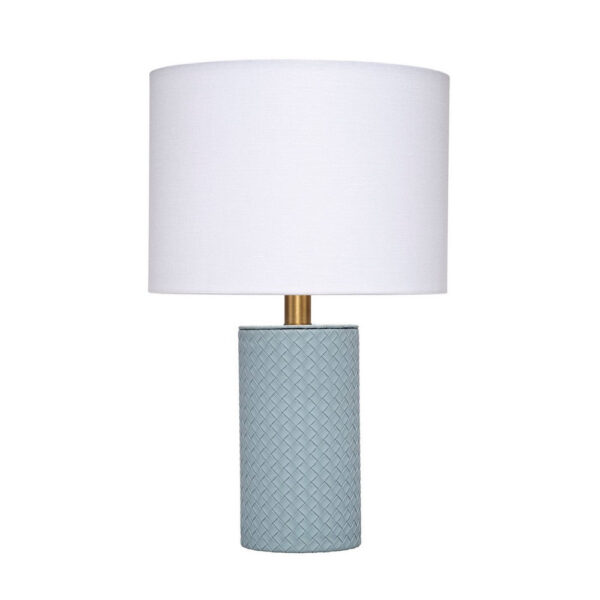Myn Table Lamp, 18 Inch, White Linen Drum Shade, Blue Leather Base