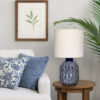 Hyla Accent Table Lamp, 17 Inch, Cream Linen, Blue Geometric Ceramic