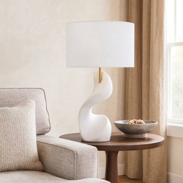 Koz Accent Table Lamp, Linen Shade, White Curved Sculpture 32 Inch
