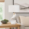 Koz Accent Table Lamp, Linen Shade, White Curved Sculpture 32 Inch