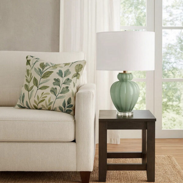 Aggy Accent Table Lamp, White Linen Shade, Green Glass Base 23 Inch