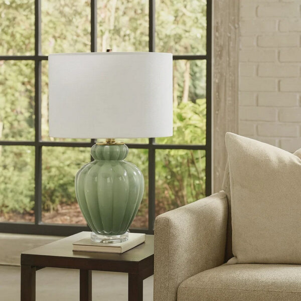 Aggy Accent Table Lamp, White Linen Shade, Green Glass Base 23 Inch