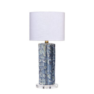 Flix Accent Table Lamp, 23 Inch, White Linen, Blue Scalloped Ceramic