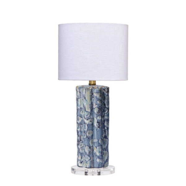 Flix Accent Table Lamp, 23 Inch, White Linen, Blue Scalloped Ceramic