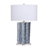 Flix Accent Table Lamp, 28 Inch, White Linen, Blue Scalloped Ceramic