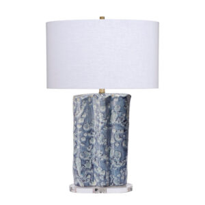 Flix Accent Table Lamp, 28 Inch, White Linen, Blue Scalloped Ceramic