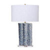 Flix Accent Table Lamp, 28 Inch, White Linen, Blue Scalloped Ceramic