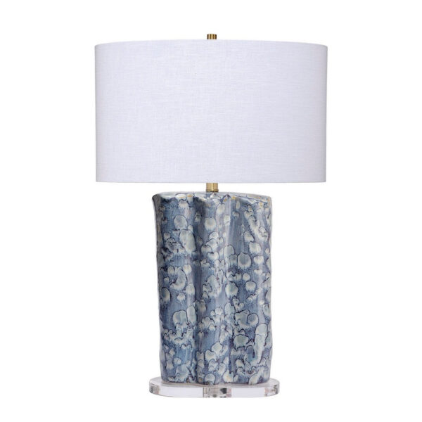 Flix Accent Table Lamp, 28 Inch, White Linen, Blue Scalloped Ceramic