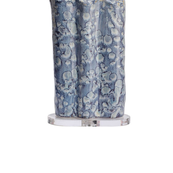 Flix Accent Table Lamp, 28 Inch, White Linen, Blue Scalloped Ceramic