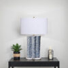 Flix Accent Table Lamp, 28 Inch, White Linen, Blue Scalloped Ceramic