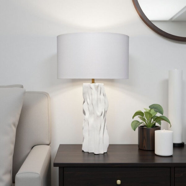 Sery Table Lamp, Linen Shade, Matte White Textured Ceramic 31 Inch
