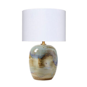 Sivy Accent Table Lamp, Linen, Round Abstract Ceramic Blue 26 Inch