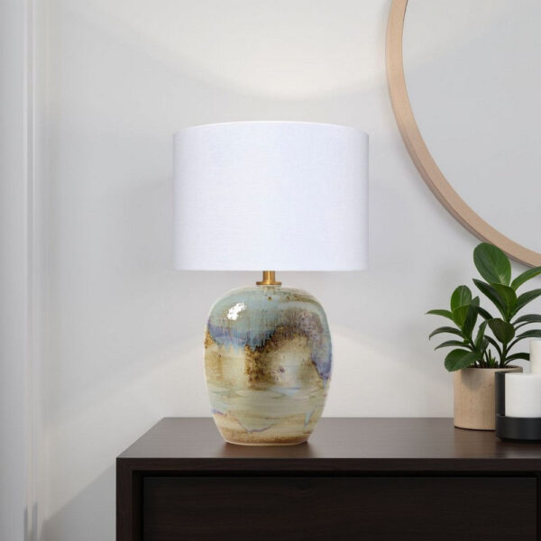 Sivy Accent Table Lamp, Linen, Round Abstract Ceramic Blue 26 Inch