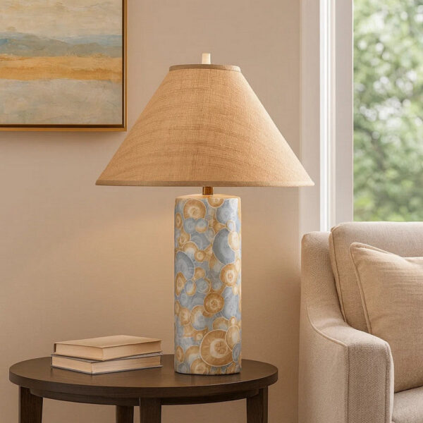 Eriy Accent Table Lamp, Brown Raffia Cone Shade, Blue Abstract 29 Inch