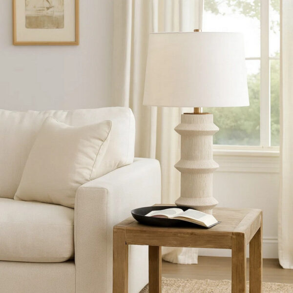 Disy Accent Table Lamp, Linen, Turned Sculptural Polyresin 30 Inch