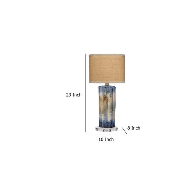 Absy Accent Table Lamp, Brown Oval Raffia Shade, Abstract Blue 23 Inch