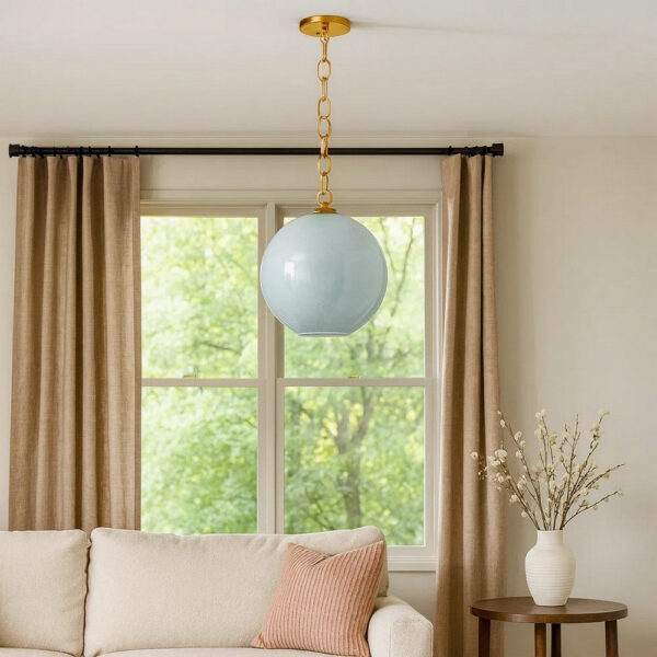 Tero Ceiling Pendant Light, Blue Blown Glass, Antique Brass, 12 Inch