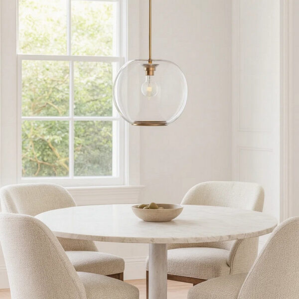 Leio Ceiling Pendant Light, Clear Blown Glass, Antique Brass, 20 Inch