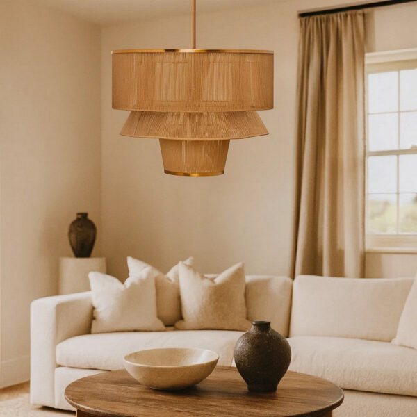 Dero Chandelier, 3 Tier Natural Brown Cotton Rope Woven, 25 Inch Metal