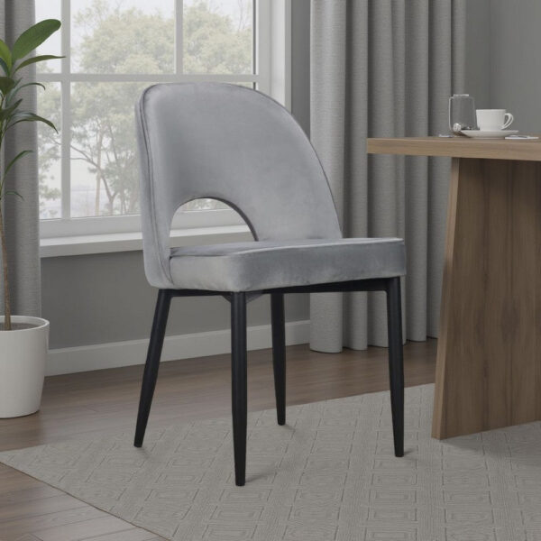 Koir Set of 2 Dining Chair, Gray Fabric, Cut Out Backrest, Black Legs