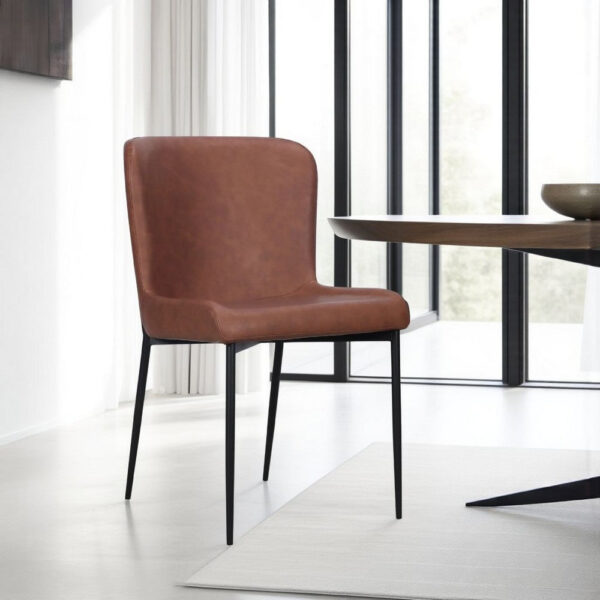 Woxy Set of 2 Dining Chair Cognac Brown Faux Leather, Black Metal Legs