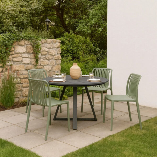 Womu Outdoor Side Chair Set of 4, Moss Green Finish, Slatted Backrest
